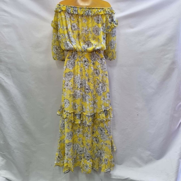 SEED HERITAGE Tiered Frill Yellow Floral Off The Shoulder Maxi Dress - Picture 8 of 9